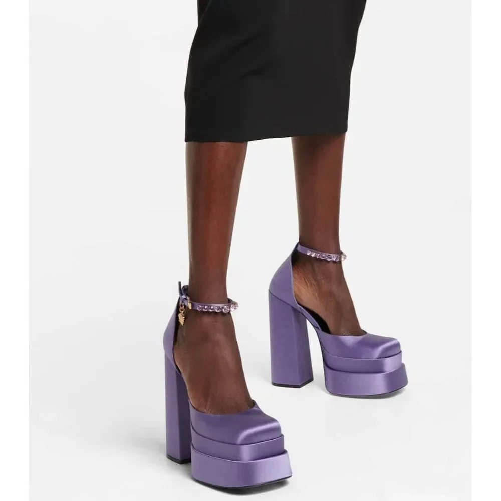 VERSACE Aevitas Purple Crystal-Embellished Platform Block Heel Pumps Siz…